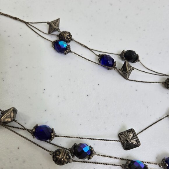 Chicos Illusion Necklace Blue Silver Tone Multi Strand Faceted Vintage Chain - Picture 4 of 9